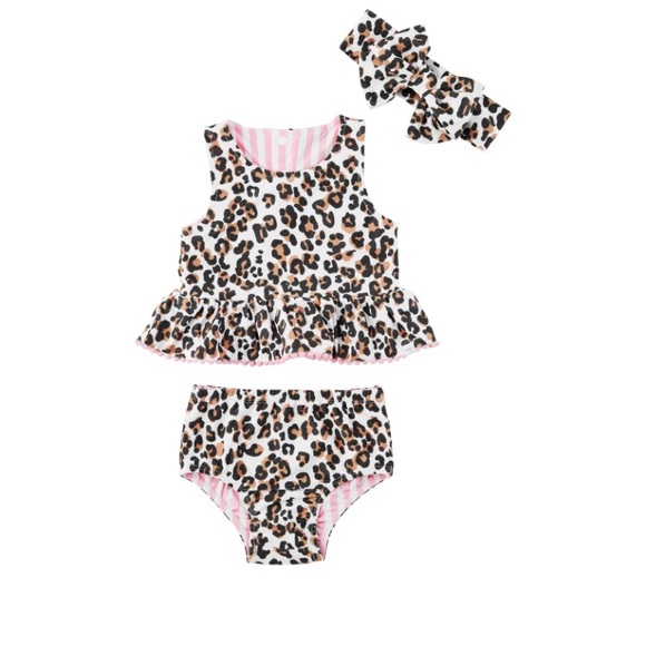 Mud pie leopard/pink stripe reversible tankini swimsuit set 5t - Picture 3 of 4